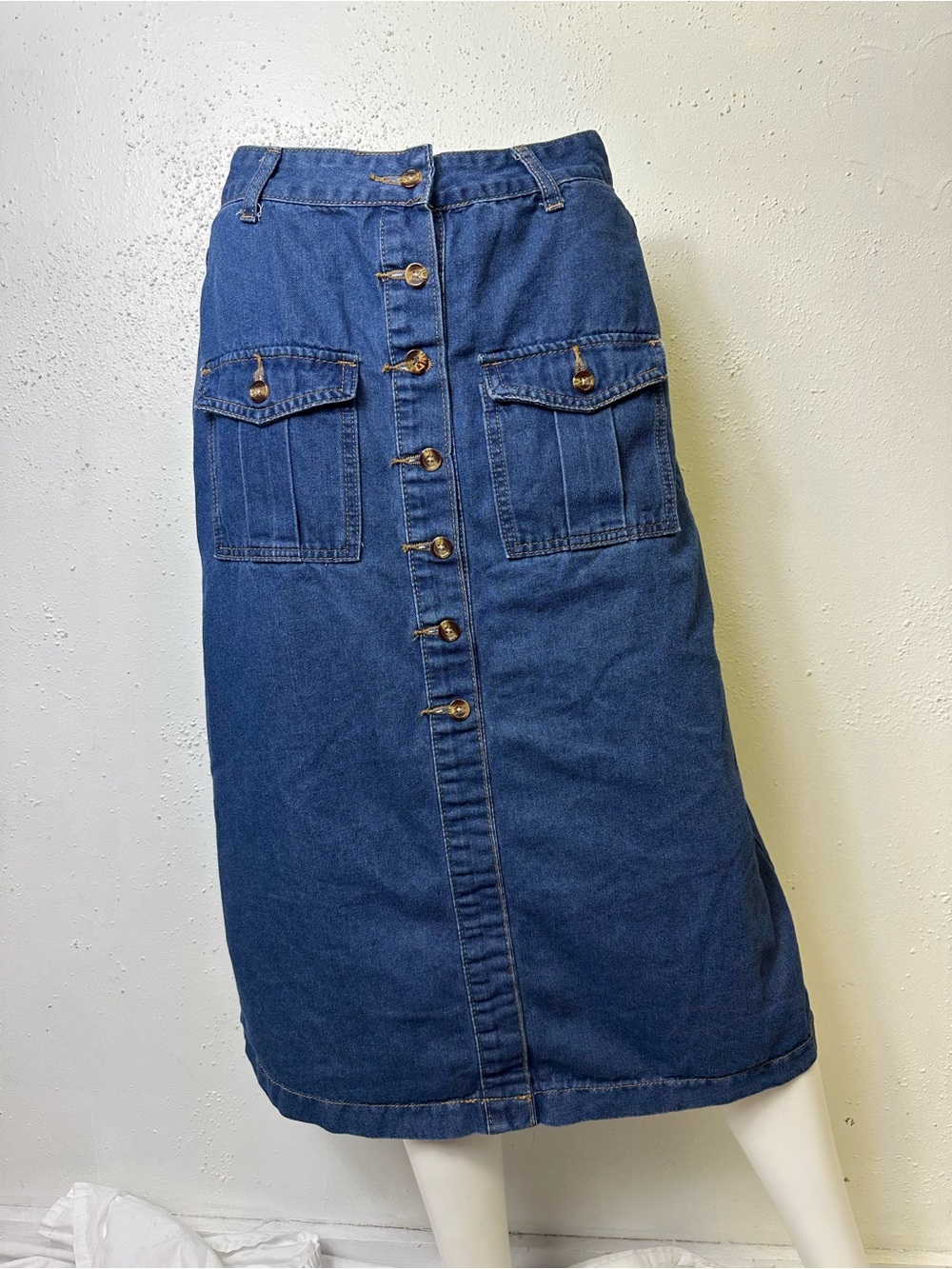 SHEIN Dark Blue Button-Front Midi Denim Skirt small